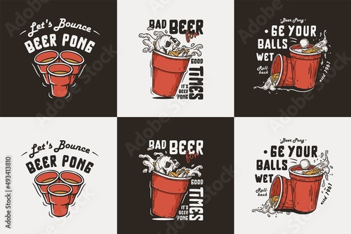 Beer pong wih craft mug with foam and ball. Beer game with skull and skeleton hand for drink party or sport alcohol bar