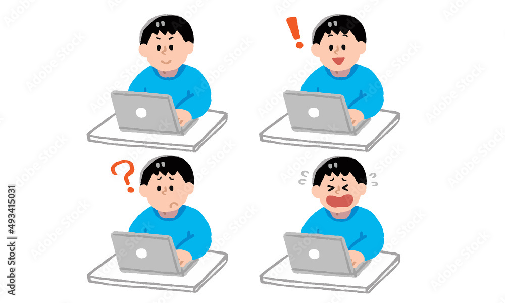 ノートパソコンを操作する私服男性セット