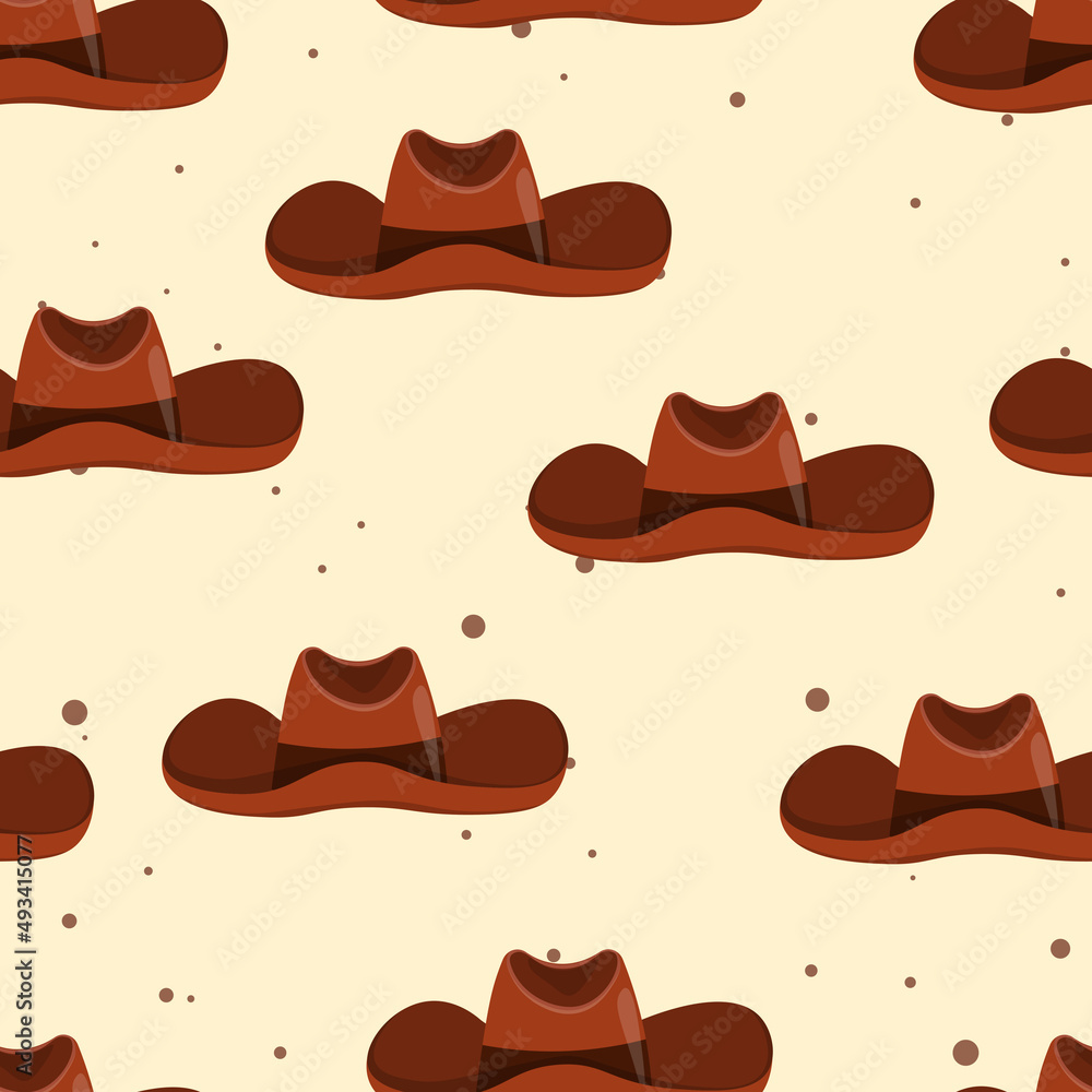 Seamless pattern with Cowboy hat on color background. Vector drawing illustration for icon, game, packaging, fabric, textile. Wild west, western, cowboy concept Seamless pattern with Cowboy hat on color background. Vector drawing illustration for icon, game, packaging, fabric, textile. Wild west, western, cowboy concept