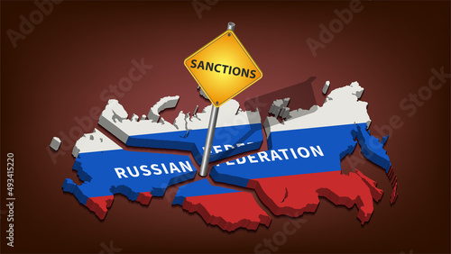 3D map of the Russian Federation is split into pieces by a road sign with the inscription sanctions. Political and economic poster