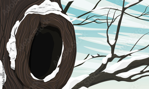 A large hollow in a tree trunk. Realistic vector winter landscape