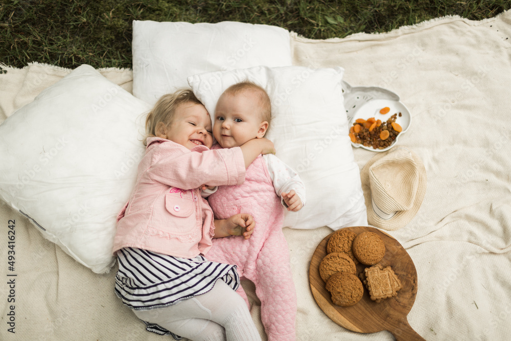 two little sisters play on the picnic