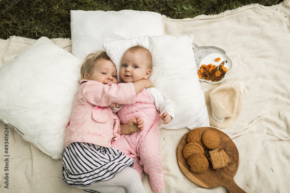 two little sisters play on the picnic