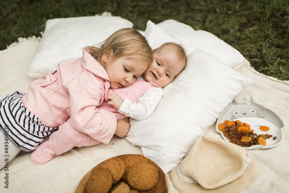 two little sisters play on the picnic