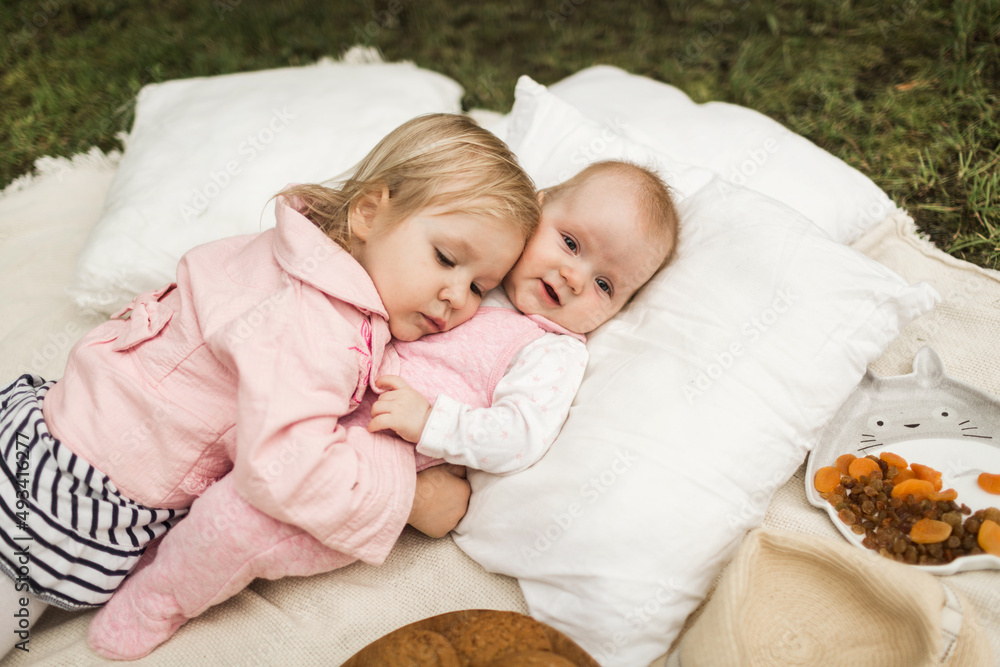 two little sisters play on the picnic
