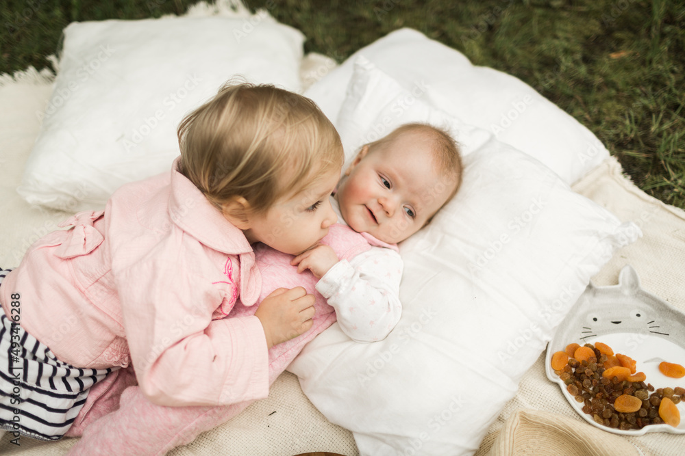 two little sisters play on the picnic