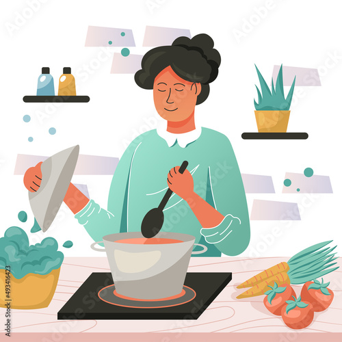 A woman cooking soup on a stove. Vector cartoon illustration.