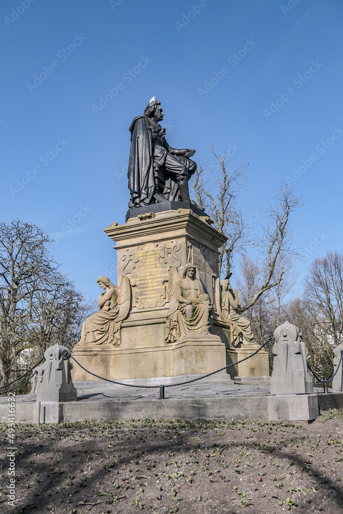 The monument to poet and playwright Joost van den Vondel (Standbeeld Joost van den Vondel) was unveiled on October 18, 1867, after which park itself was called Vondelpark. Amsterdam, the Netherlands.
