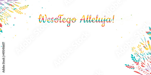 Banner świąteczny, kartka wielkanocna z uroczym, kolorowym króliczkiem w sweterku z napisem w języku polskim. Grafika wielkanocna.  photo