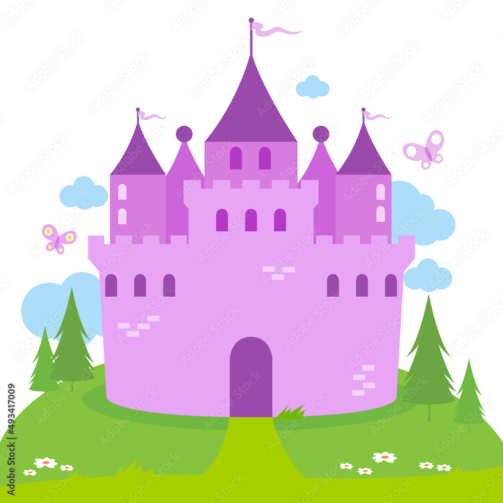 Castle in a beautiful landscape with trees. Vector illustration