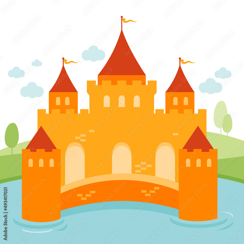 Castle in the water in a beautiful landscape with trees. Vector illustration