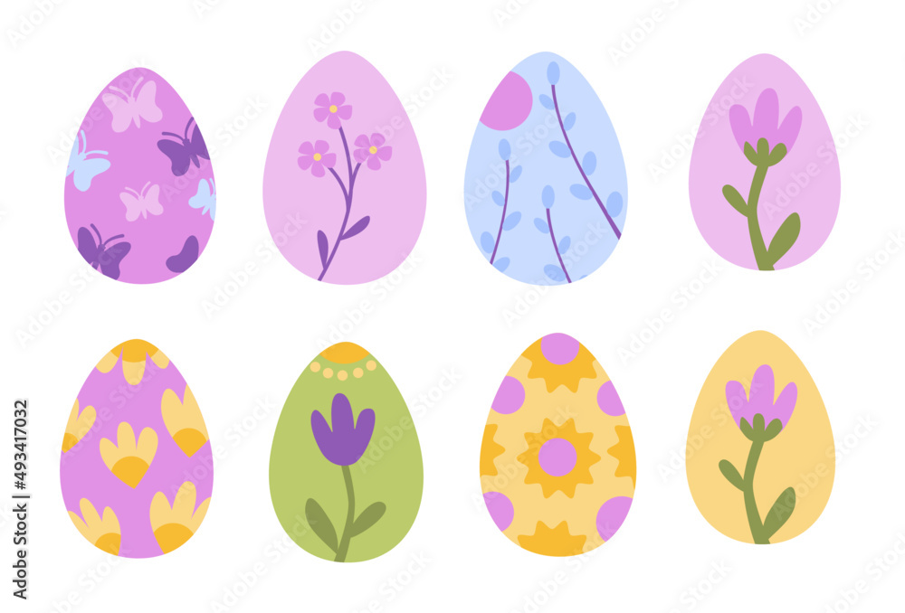 Easter eggs with floral and butterfly patterns. Spring holiday concept for design and print. Vector flat illustration of Easter decoration. 