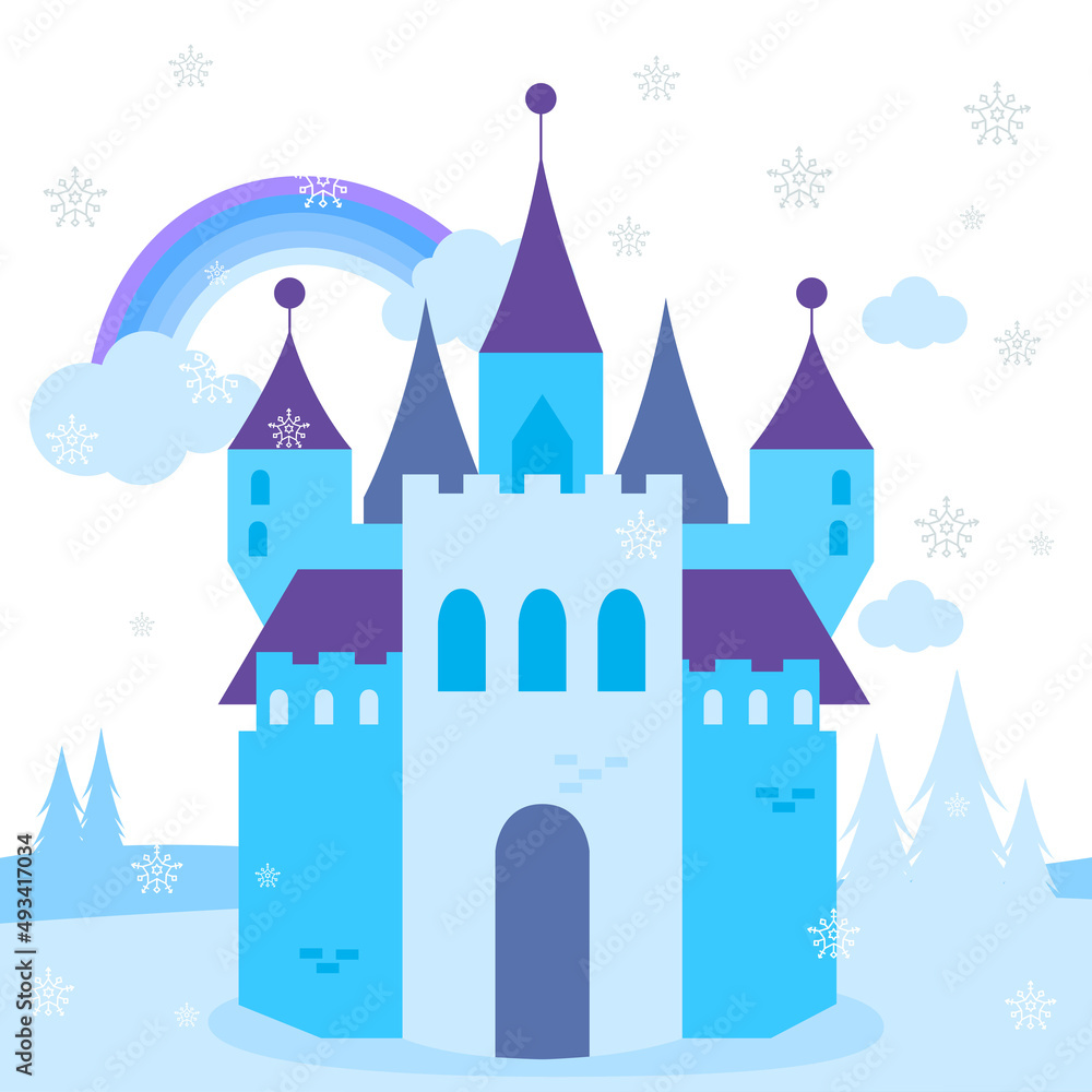 Castle in the snow in a beautiful winter landscape. Vector illustration