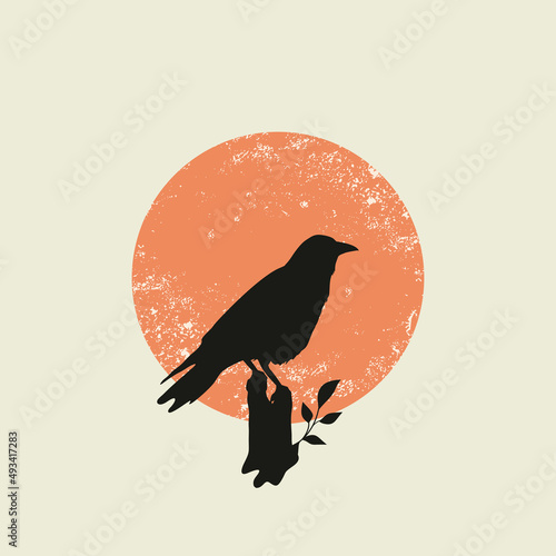 Silhouette of raven with sunset vector illustration. Scandinavian minimalist poster design