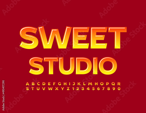 Vector bright sign Sweet Studio with glossy gradient Font. Jelly style Alphabet letters and Numbers set