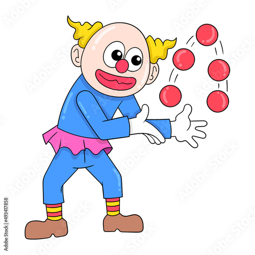 funny clown performing juggling ball, doodle icon image kawaii