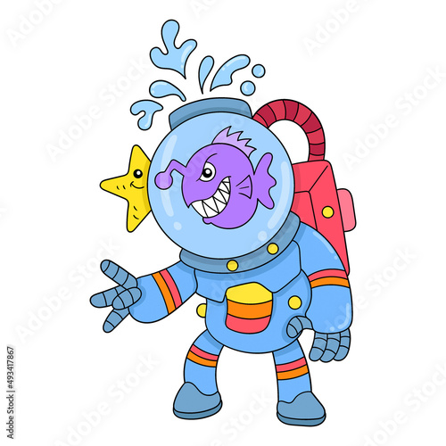 fishman diver diving in the sea playing with animals