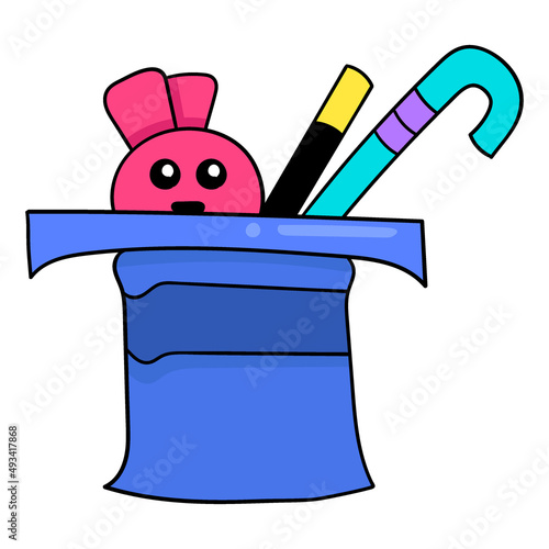 magician bunny is hiding in a hat, doodle icon image kawaii