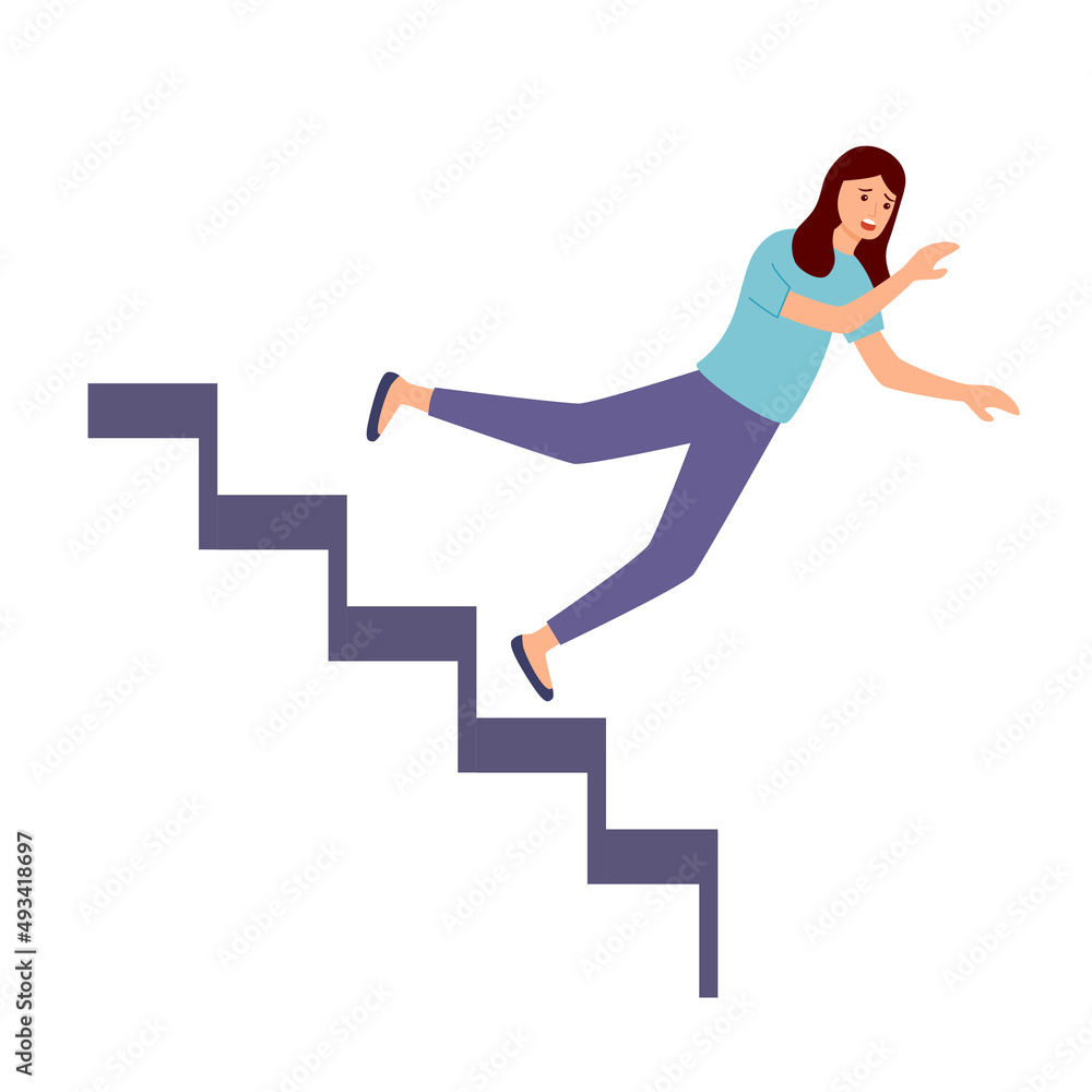 Young woman accident falling down stairs in flat design on white background.