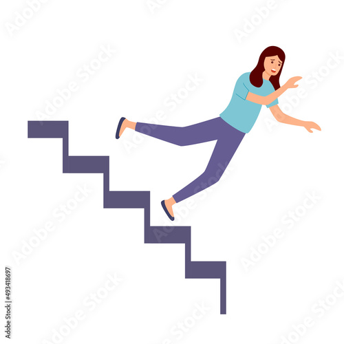 Young woman accident falling down stairs in flat design on white background.