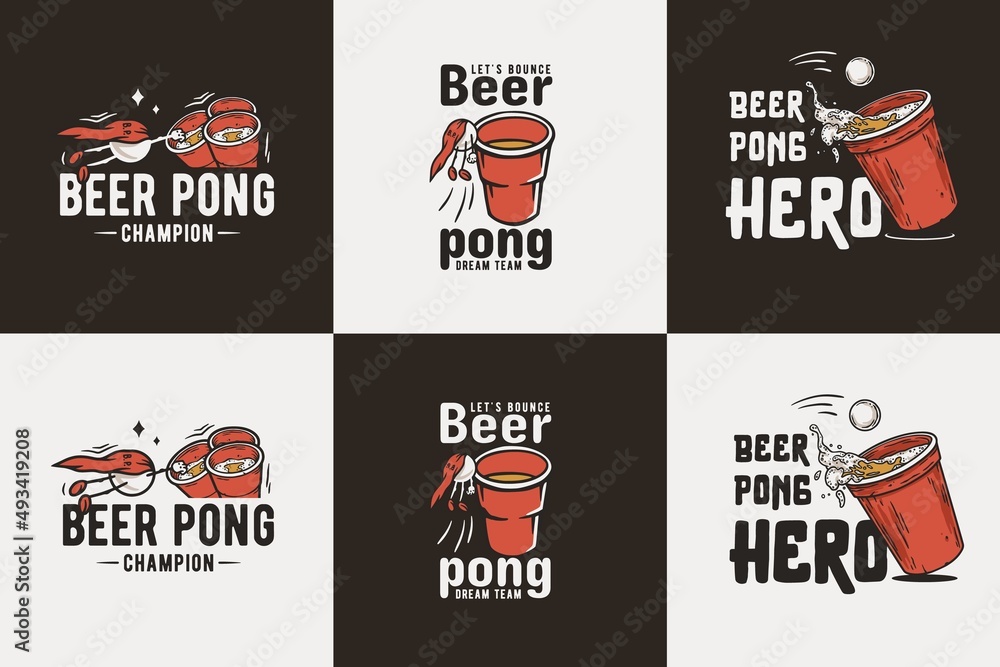 Beer pong game. T-shirt print with beer flying ball man for design competition or tournament in bar. Alcohol sport with throw and drink