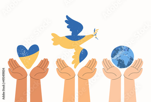 Pray for peace Ukraine. Hands of different skin colors hold the dove of peace, heart shaped flag of Ukraine, planet earth. World peace. Conceptual vector flat illustration, banner, poster
