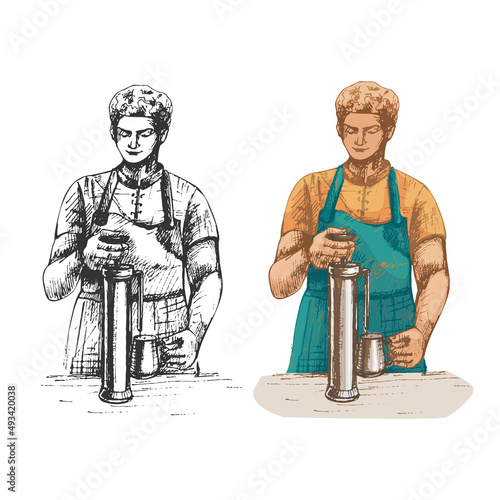 599_barista man, color illustration, black and white, graphics, barista prepares coffee