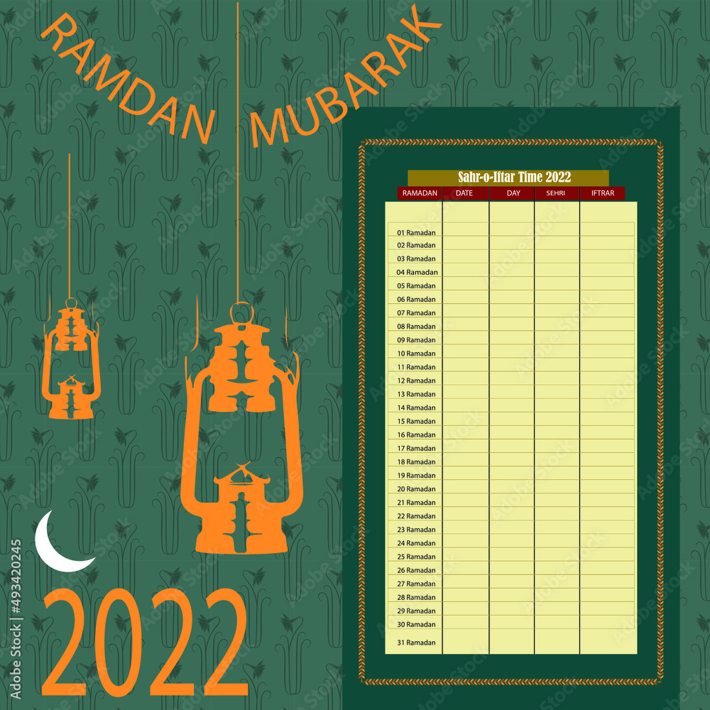 RAMDAN CALENDER 2022 CHART DESIGN ISLAMIC DATES DAY TIMINGS VECTOR