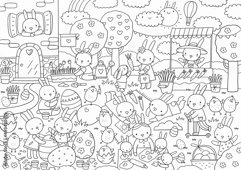 Happy Easter. Cute cartoon coloring page. Big vector coloring poster with bunny, eggs, birds. Printable worksheets