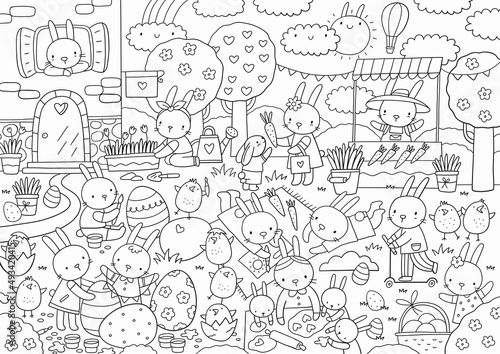 Happy Easter. Cute cartoon coloring page. Big vector coloring poster with bunny  eggs  birds. Printable worksheets