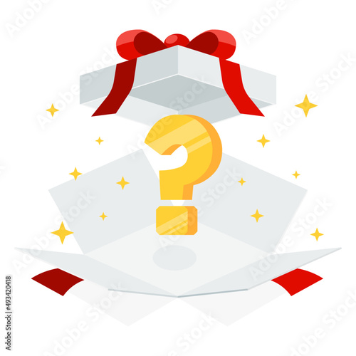 Open mystery gift box with red ribbon on white background. Random secret loot box isometric concept. Vector illustration cartoon flat design.