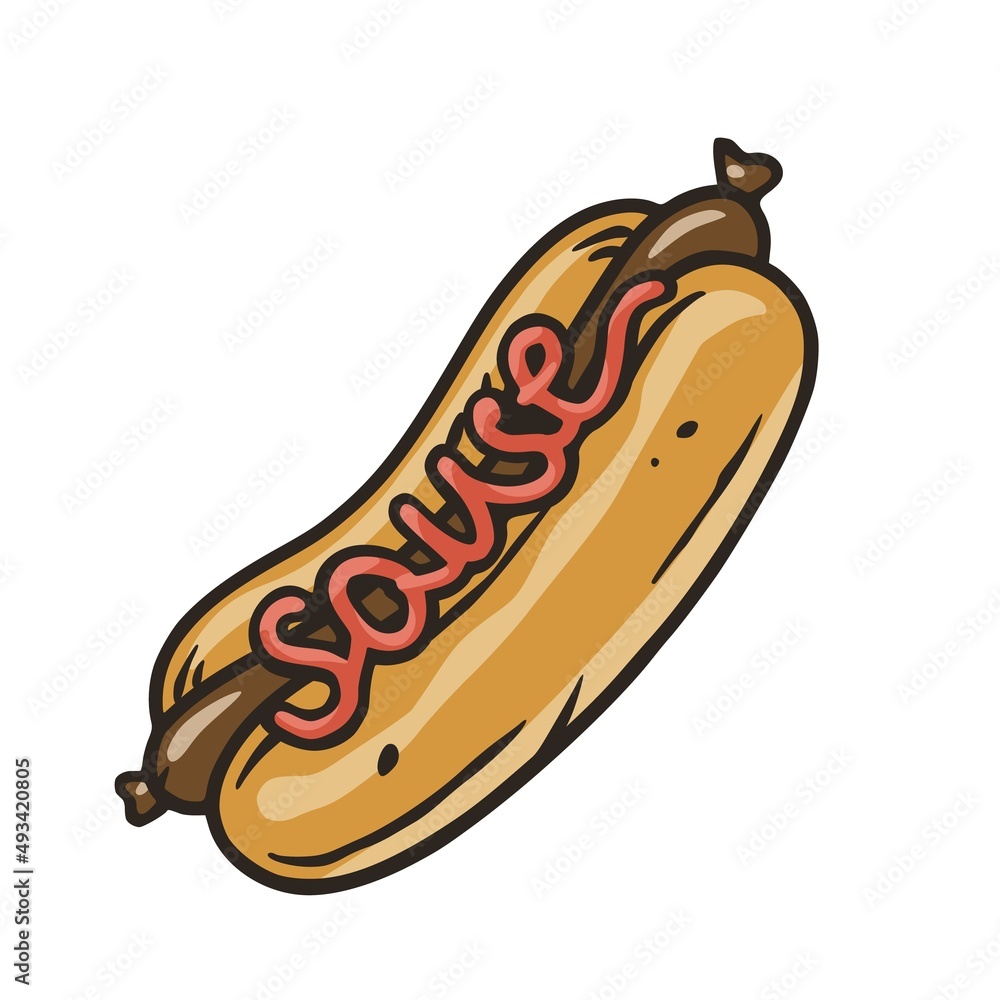 Hot dog with sausage for print. Original food design with hotdog with wiener for american fastfood and bistro Hot dog with sausage for print. Original food design with hotdog with wiener for american fastfood and bistro