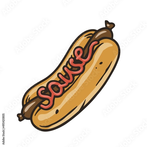 Hot dog with sausage for print. Original food design with hotdog with wiener for american fastfood and bistro