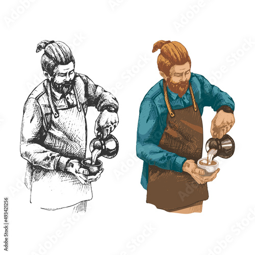 598_barista man pouring milk into a cup, preparing coffee, barista, color and black and white illustration