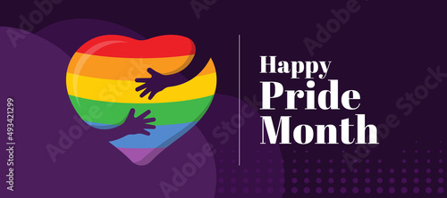 Happy pride month - Hands hold hug heart with rainbow pride flag on dark purple background vector design
