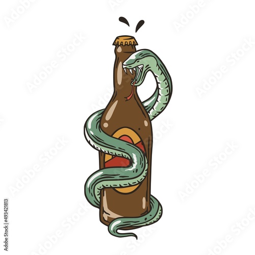 Beer bottle with snake for print. Original brew design of bottle of beer with serpent for bar