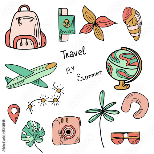 Summer illustration set on white background, vacation, travel icon