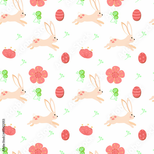 Wallpaper Mural Seamless pattern of bunnies, flowers and eggs, hand-painted elements. Bouncing bunnies. Easter. Spring. Flowers and eggs. Vector in cartoon style. Flowers, buds and leaves on white background. Torontodigital.ca