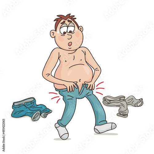  Cartoon Fat Man With A Big Belly Wearing Jeans, vector illustration cartoon