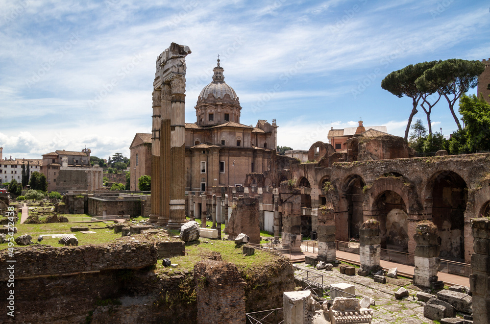 Forum of Caesar (Foro di Cesare), with Temple of Venus Genetrix and Chiesa Santi Luca e Martina in Rome, Italy.