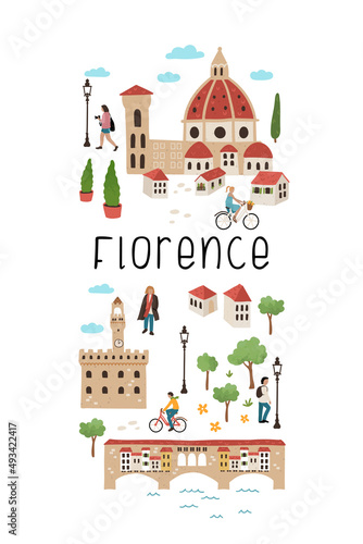 Lovely hand drawn map of Florence, Italy. Illustrated sights and cute decoration. Great for textiles, cards, tourist guides, souvenirs - vector design