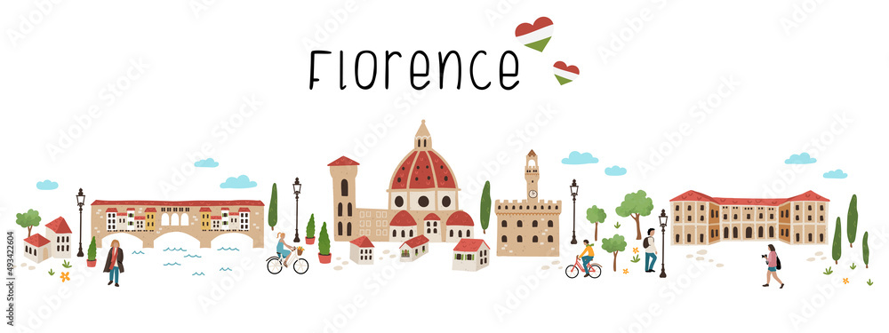 Lovely hand drawn map of Florence, Italy. Illustrated sights and cute decoration. Great for textiles, cards, tourist guides, souvenirs - vector design