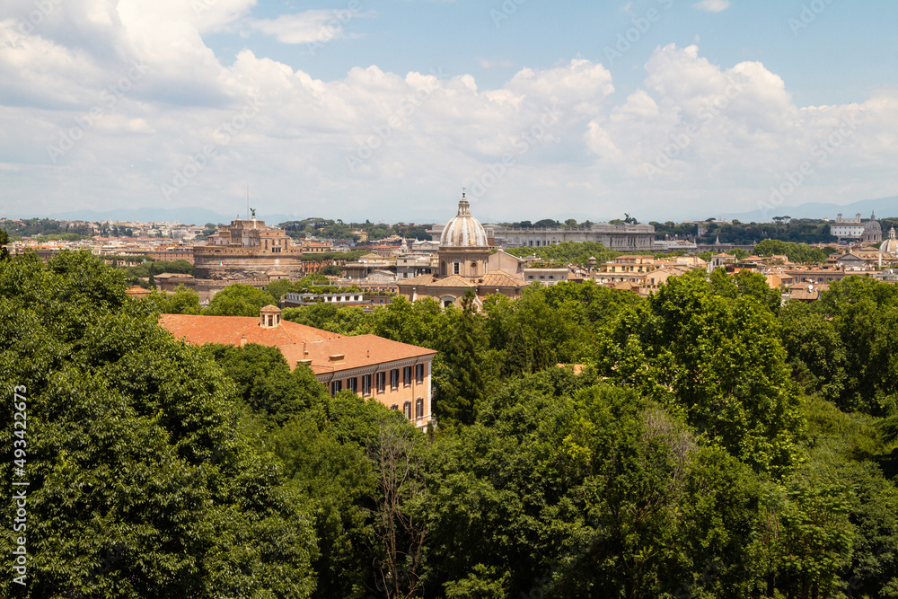 Panoramic scenic view of Rome, capital of Italy. With Basilica of San Giovanni dei Fiorentini and Castel Sant'Angelo (The Mausoleum of Hadrian). Seen from the Janiculum hill.