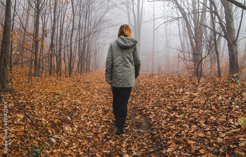 Woman walking through the foggy autumn forest. Creepy landscape, dead tree branches in a fog. © Longfin Media