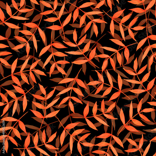 Orange leaves on a black background. Seamless pattern. Foliage template, art design for cover, packaging. Modern background for textiles. Watercolor illustration.