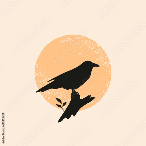 Silhouette of a crow on a branch at sunset. Vector illustration. Poster design Scandinavian minimalist poster design