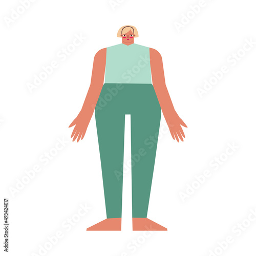 Vector isolated concept with flat female character. Caucasian blonde woman learns relaxing posture and does Mountain Pose at yoga class. Basic exercise for beginners. Symbol of athletic person