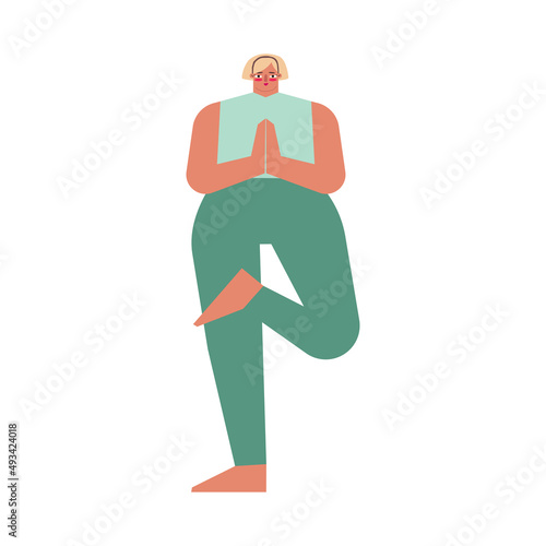 Vector isolated concept with flat female character. Caucasian blonde woman learns relaxing posture and does Half Lotus Tree Pose at yoga class. Basic exercise for beginners - Ardha Padma Vrksasana