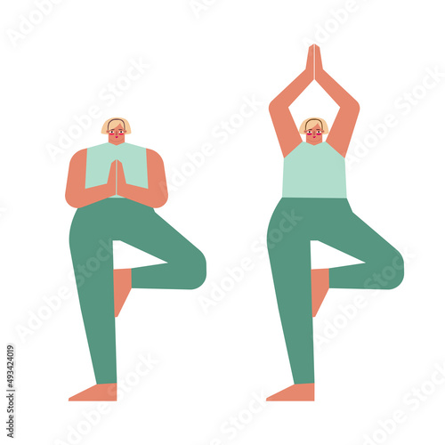 Vector isolated concept with flat female characters. Caucasian adult blonde woman learns balancing posture and does Tree Pose at yoga class. Core exercise for beginners - Vrksasana