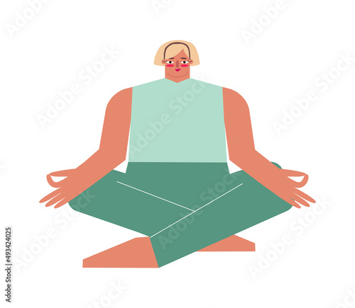 Vector isolated illustration with flat female sportive character. Strong adult blonde woman learns basic posture and does Easy Pose at yoga class. Core exercise for meditation - Sukhasana